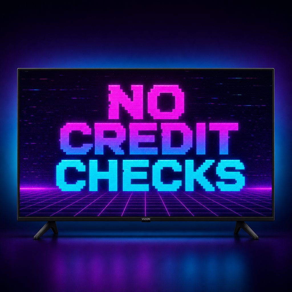 Brand-new smart TV displaying No Credit Checks
